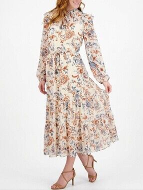 JULIA JORDAN Watercolor Paisley Long Sleeve Tiered Maxi Dress Cottagecore Size 2